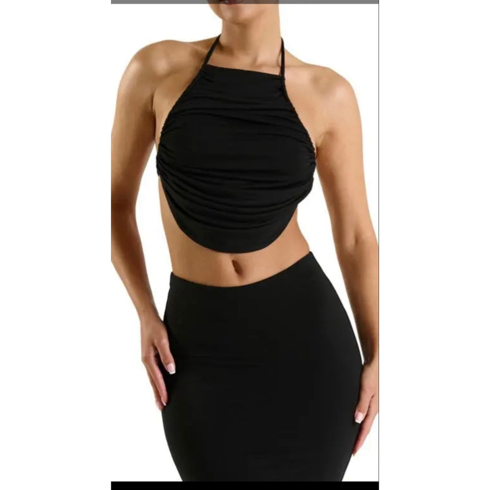 Naked Wardrobe Shirred Apron Top Black Halter Crop Size S NWT